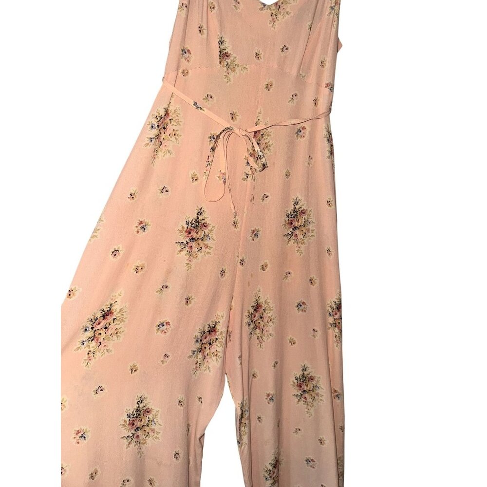 90s Betsy Johnson Floral Pink Sleeveless Wide-Leg Jumpsuit With Waist Tie romper - Picture 5 of 8